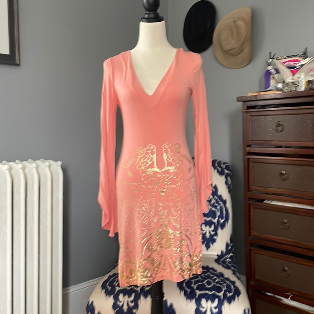 Peach and gold long sleeve dress